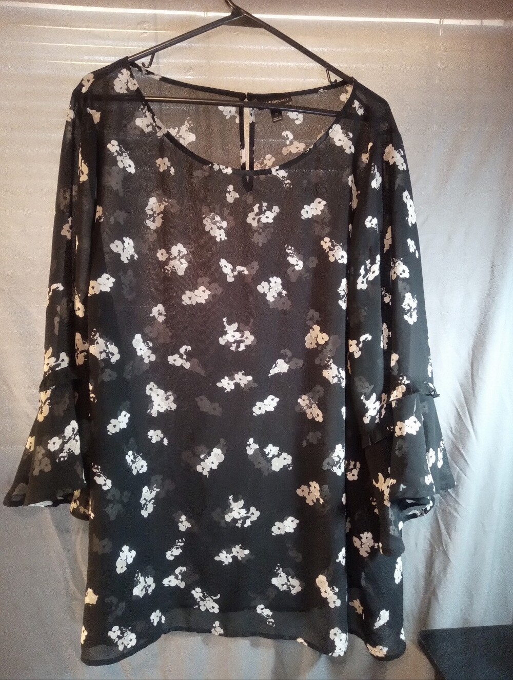 Lane Bryant 3/4 Bell Sleeve Black Floral Sheer Plus Size Blouse